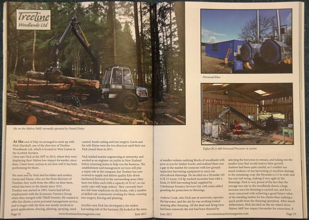 Pages 1 and 2 featuring some of our planting team, Glenfarrow drying kilns, bags stacked for drying and our Malwa 560f forwarder